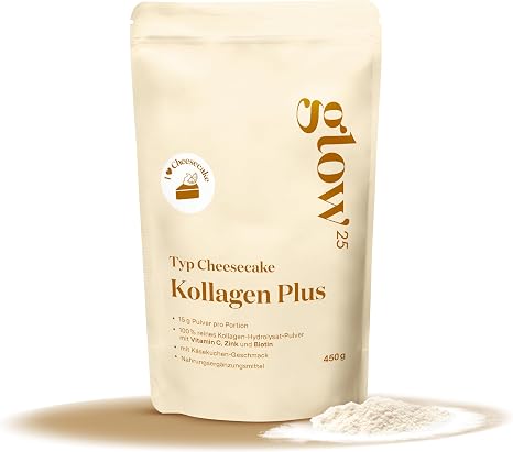 Glow25 Collagen Plus Cheesecake [450g] - Collagen Hydrolysate with Vitamin C Zinc and Biotin - Peptides Type 1 and 3 - Good Solubility