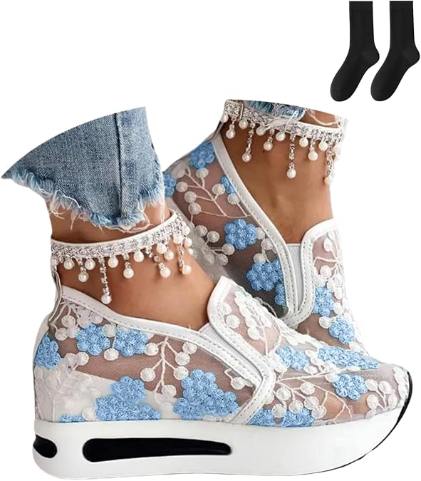 Wedge Sneakers for Women 2026 Floral Embroidery Mesh Platform Wedges Slip on Sneakers with Arch Support Wedge Walking Work Shoes