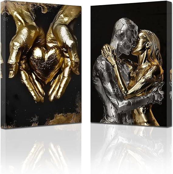 PBXBJY Abstract Canvas Wall Art Hugging Couple Poster Prints 3D Metal Sculpture Effect Picture Gold Silver Couple Love Painting Modern Romantic Wall Decor (12.00" x 16.00" x 2PCS)