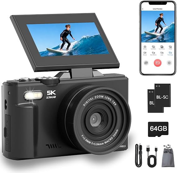 5K Digital Camera with 64GB Card, 75MP WiFi Point & Shoot Vlogging Camera