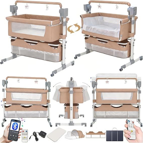 Nine point nine Electric Bluetooth Smart Baby Bedside Next to Me Crib, Multifunctional Co-Sleeping Bassinet Cot, Toddler Bedside Sleeper, Foldable Convertible Cradle 5 Swaying Gears (601 Brown)