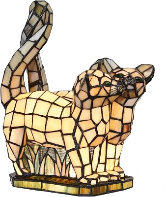 Bieye L10771 Cats in Love Tiffany Style Stained Glass Accent Table Lamp Night Light for Home Decoration Two Cats, Yellow