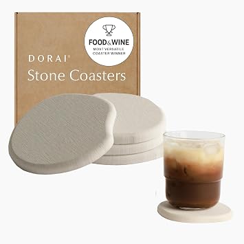 Dorai Home Stone Coaster Set   Eliminates Watermarks and Dries Instantly   Functional Design Created for The Modern Home   Set Includes Four Modern Coasters   Sandstone