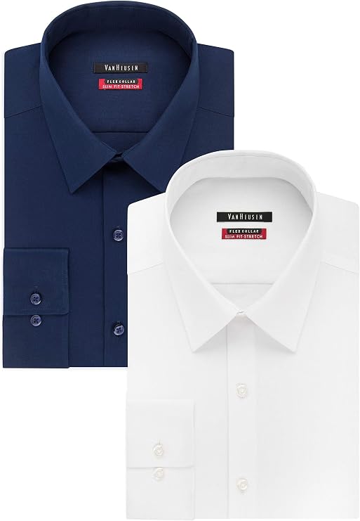 Van Heusen Men's Flex Collar Slim Fit Stretch Dress Shirt, White/Night Blue, 17.5" Neck 32"-33" Slee