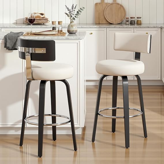 29" Bar Height Swivel Bar Stools Set of 2 with Back, White