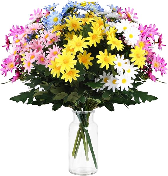 Zeyune Fake Daisy Flowers with Vase, Spring Table Centerpiece Home Decorations, 5 Bundles 12.6 Inch Colorful Faux Silk Daisy Bouquets Artificial Wildflowers for Floral Arrangement