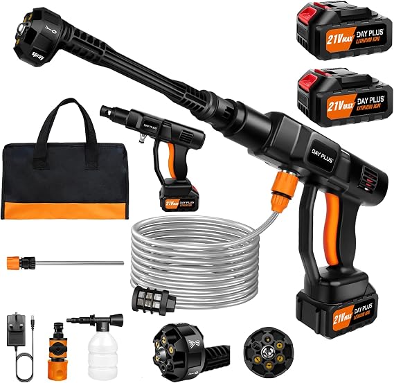 Cordless Bucket High Pressure Washer, Portable Power Jet Pro Washer Gun with 2x 3.0Ah Batteries, 6-in-1 Adjustable Nozzle, 10m Range Pressure Cleaner for Car/Patio/Garden/Floor Cleaning & Watering