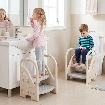 Costzon Toddler Step Stool for Bathroom Sink, Adjustable 2-Step Kids Helper Stool with Safety Handles & Non-Slip Pads, Convertible Plastic Ladder for Bedroom Kitchen Counter Potty Training, Grey