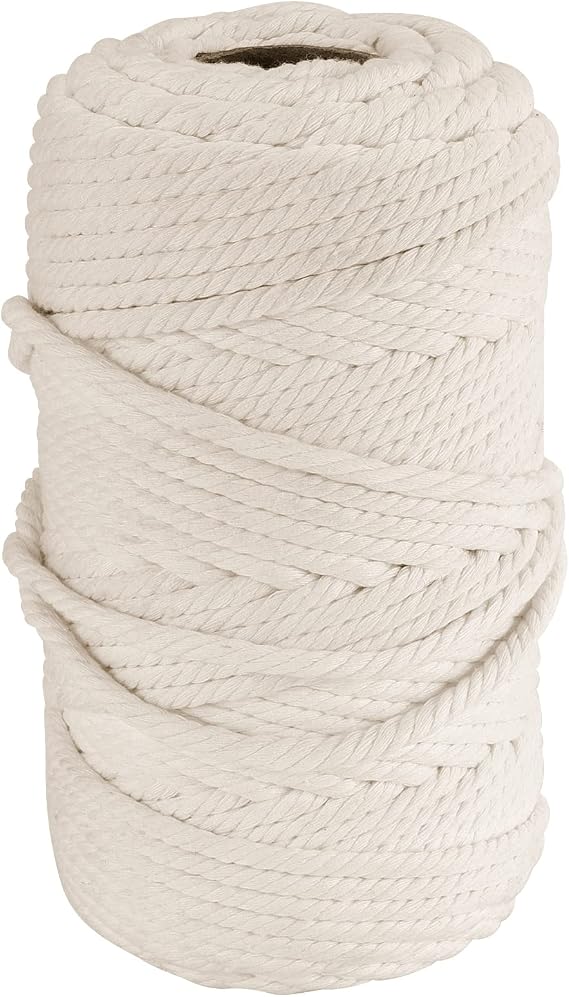 FUNSUEI Natural Macrame Cord 6 mm x 500Ft, 4 Strand Twisted Soft Cotton Cord, 1/4 Inch Cotton Rope for DIY Knitting, Plant and Clothes Hangers, Christmas Wedding Decoration, Nutural White
