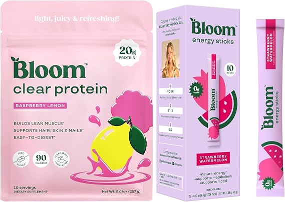 Bloom Raspberry Lemonade Clear Protein and Strawberry Watermelon Energy Packets Bundle