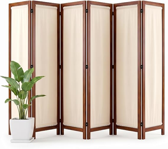 Wood Room Divider Panel with Linen Fabric, Boho Folding Privacy Screen 67"