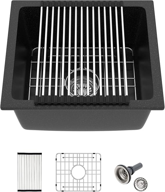Black Undermount Kitchen Sink 18"x16" Granite Composite Bar Sink Black Small Granite Sink Undermount Quartz Modern Under Counter Ledge Single Bowl Kitchen Sinks Basin Deep Sink,LOF-Q4542