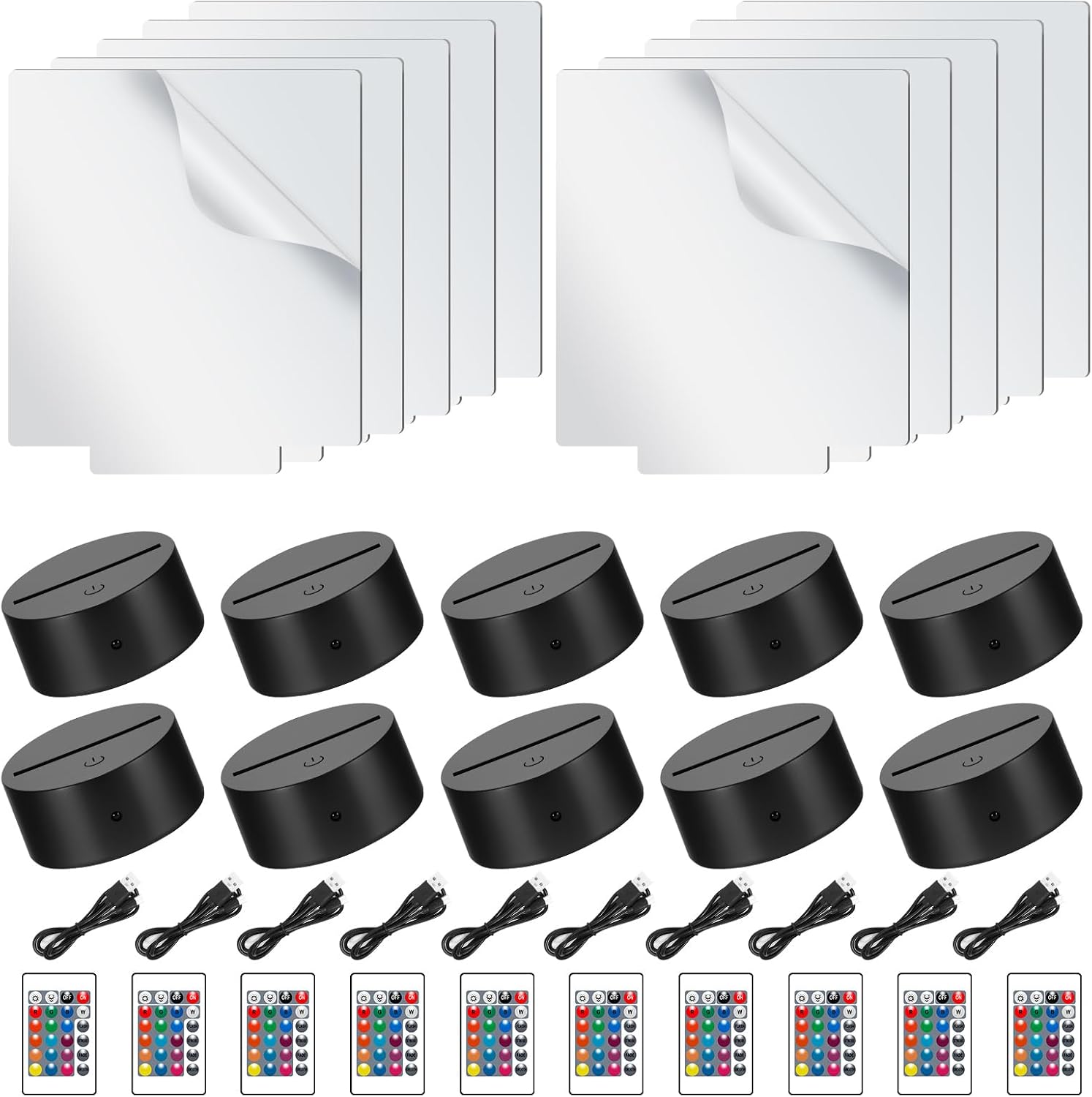 10 Sets 3D Night Light, Touch Switch DIY Acrylic Lamp Base Set with 7 Color Changing and 2 Light Modes, 3D Illusion Night Light with Remote Control for Bedroom Child Room Restaurant [Energy Class G]