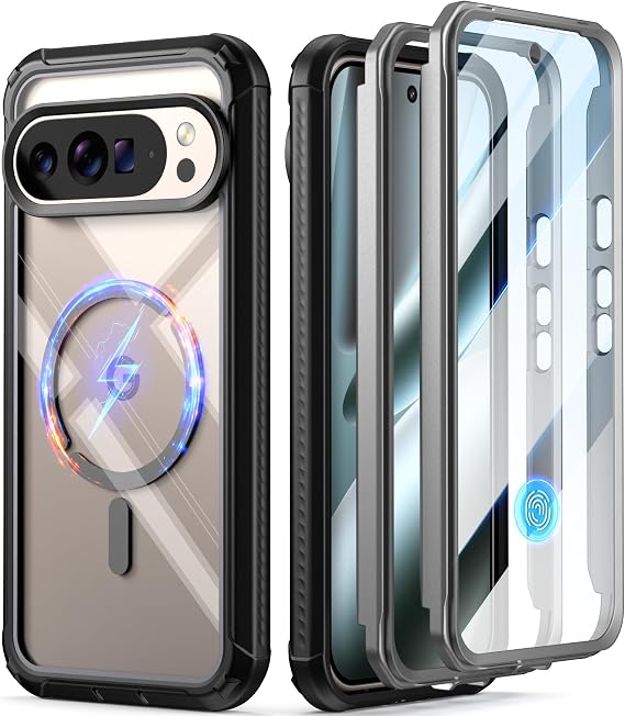 Poetic Guardian MagPro Case for Google Pixel 10 Pro XL 5G, [Compatible with MagSafe & Fingerprint ID], [2 Front Frame] Full-Body Shockproof Clear Cover with Built-in Screen Protector, Black/Clear
