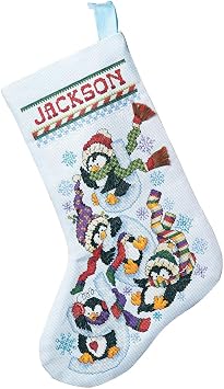 Janlynn 80-0477 Penguin Joy Stocking Counted Cross Stitch Kit, 18" diagonally, Light Blue