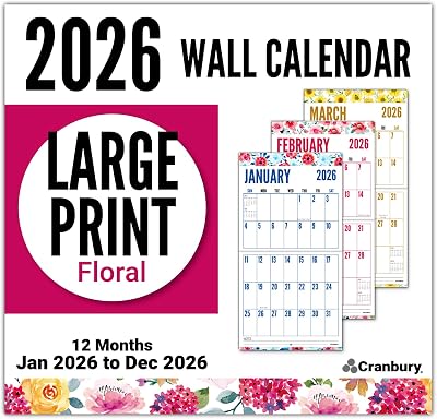 CRANBURY Large Print Wall Calendar 2026, 12x23 Open, 12 Months Floral Designs, Use Jan to Dec 2026, Big Numbers, Big Grid, Low Vision Calendar, Non-Glossy Paper for Easy Writing, Includes Planner Stickers