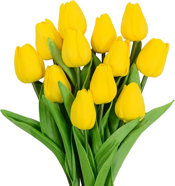 Eternal Blossom 12pcs Yellow Tulips Artificial Flowers, 13.4" PU Flowers Fake Tulips for Spring Mother's Day Easter ValentineS Day Gifts in Home Kitchen Wedding Dining Table Decorations