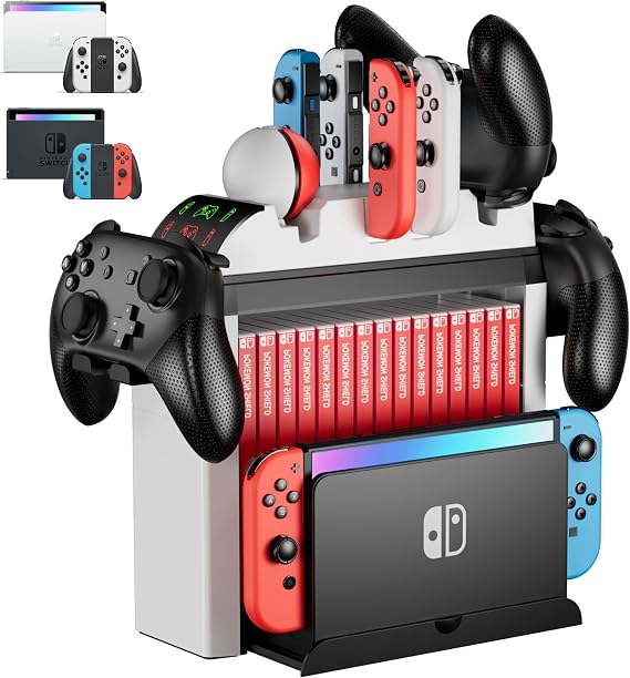 Nintendo Switch ve Switch OLED Joy Cons, Pro Controller ve Poke Ball Plus Controller için Anahtar Düzenleyici ve Şarj İstasyonu, ZAONOOL Anahtar Aksesuarları için Çok Fonksiyonlu Oyun Depolama Kulesi