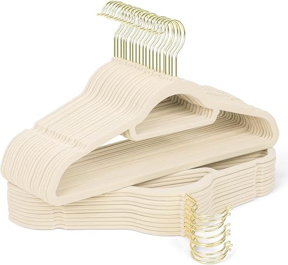 Velvet Hangers 30 Pack with Gold Hooks, Non-Slip Felt Clothes Hangers Beige | Slim Closet Organization; 360 Swivel Hooks; Flocked Surface; For Shirts, Dresses, Coats, Pants