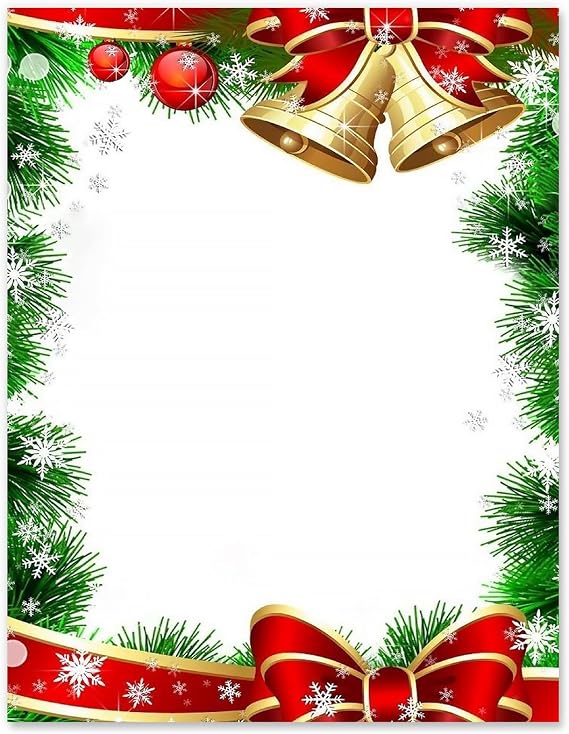 60Pcs Christmas Stationery Paper Xmas Bell Design Border Letterhead Decorative Letter Writing Paper for Notes Greeting Cards Invitation Office School Printing, 8.5 x 11 Inch