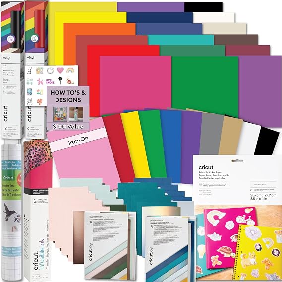 Cricut Deluxe All-in-One Material & Accessory Set - 70+ Piece Beginner Sampler Material Kit for Cricut Explore Air and Maker Machines - Vinyl, HTV, Card Making Pack, Pen, Sticker Paper