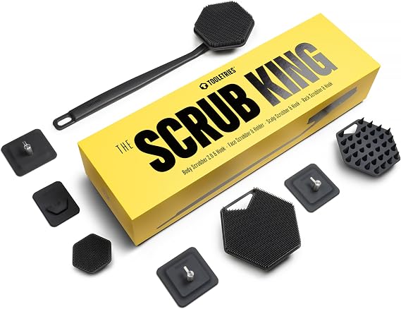 TOOLETRIES The Scrub King Silicone Shower Set - Charcoal | Complete silicone shower set with back, body, face & scalp scrubbers, hooks and storage holder.