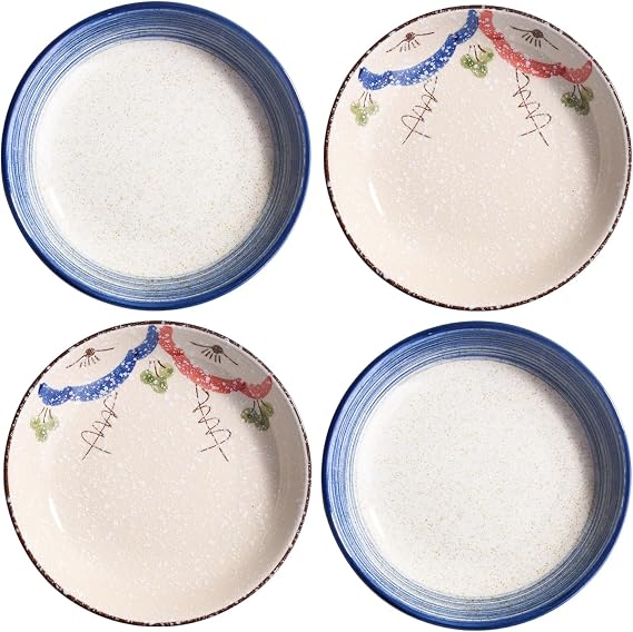 Ceramic Dinner Plates Set of 4, 7-Inch Japanese Style Serving Plates with 1.34-Inch Depth, Hand-Painted Folk Patterned Pasta Bowls for Salad, Stew, and Main Courses, Stackable Round Dishes