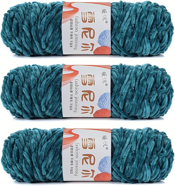 Chenille Yarn for Crocheting & Knitting, Soft Velvet Yarn, 3 Skeins, 100g/Skein (Peacock Blue)