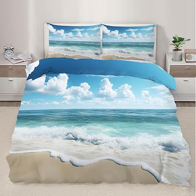 Blue Sea Duvet Cover Set King Bedding Sets Clouds Bedding Hawaii Beach Comforter Cover,for Kids Boy Women Teen Girl, Bedroom Decor 3 Piece