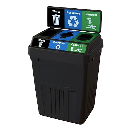Flex E Bin - 50 Gallons | 3-in-1 Streams | Waste, Recycling, Compost Basket with Backboard | Black Color