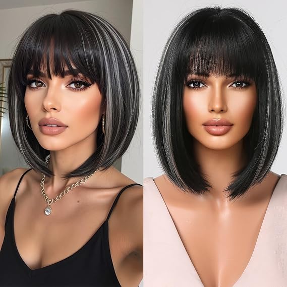 Allbell Black Bob Wig for Black Women Short Straight Wig with Bangs 14 Inch Black Hair Wigs with Gray Highlights Heat Resistant Synthetic Wigs For Girls Party Use