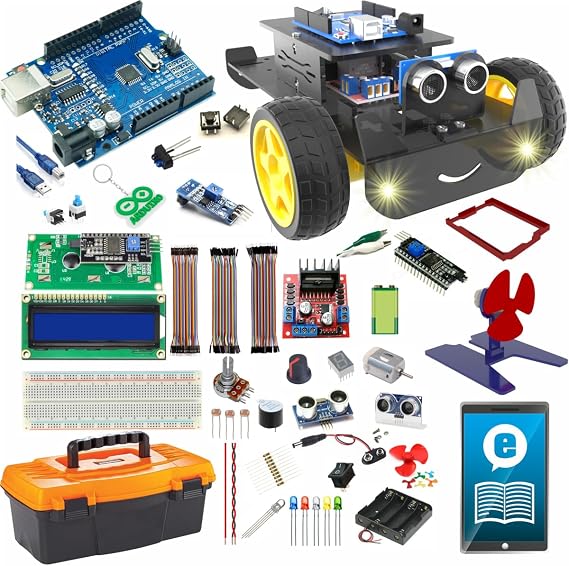 Arduino ile Uyumlu 2WD Robot Araba ve Süper İdeal Başlangıç Seti - Uno R3-92 Çeşit 317 Parça - Engelden Kaçan Akıllı Robot Yapım Kiti - STEM Kodlama Eğitimi
