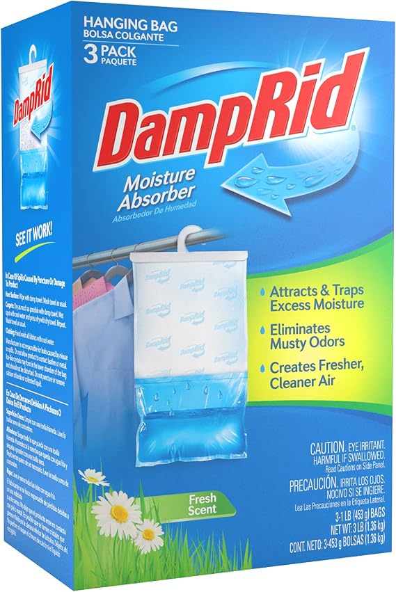 DampRid Hanging Bag, Moisture Absorber, Pack of 3 (16 oz. ea.), 3 Pack, Blue