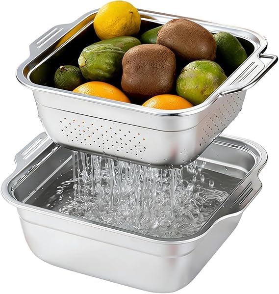 Rice Strainer, 2Pcs Colander Stainless Steel Washing Up Bowl and Sieve Square Metal Colander with Handles 24cm Kitchen Washer Containers for Vegetable and Fruits Food Pre