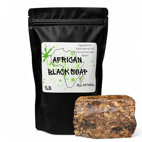 Traditional African Black Soap, Raw Organic Natural Soap Bar, 1 Pound, Handmade in Ghana with Palm Kernel Oil, Cocoa Pod Ash for Face, Body, Hair Care