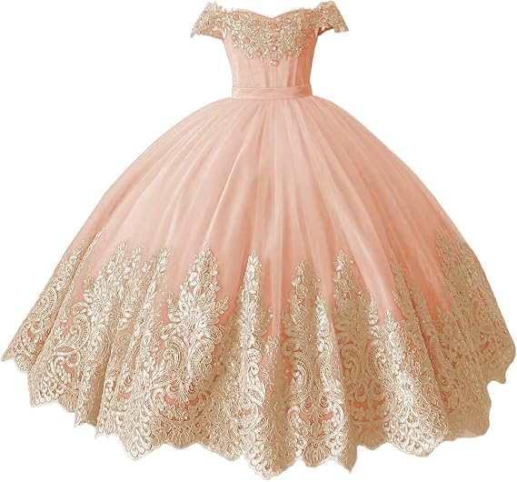 XYAYE Off Shoulder Flower Girl Dresses for Wedding Gold Lace Beaded Dress