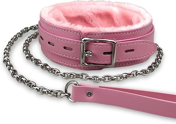 Gothic Leather Choker Collar, PU Leather Fur Lined Pet Collars Necklace with Long and Durable Detachable Leash Chain Pet Collars (Pink)