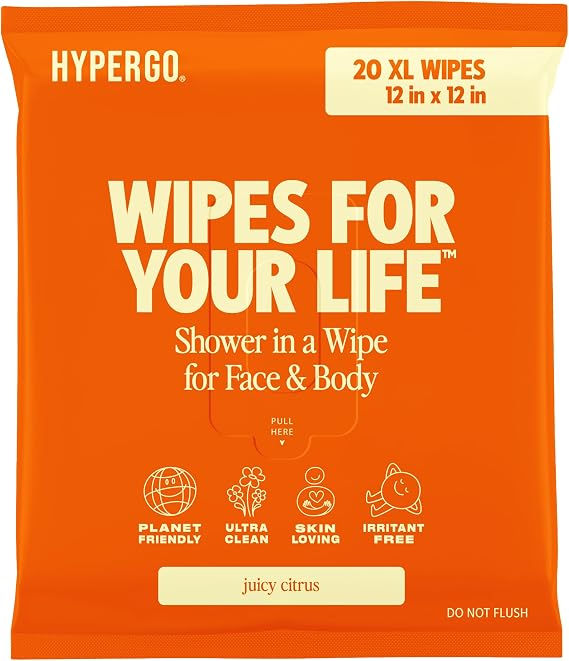 HyperGo XL Body Wipes for Women & Men 12" x12" Rinse-Free Full Body Cleansing Wipes 20 Count Pack - Citrus | Biodegradable, Hypoallergenic, Aloe-Infused | Gym, Festival, Camping Essentials