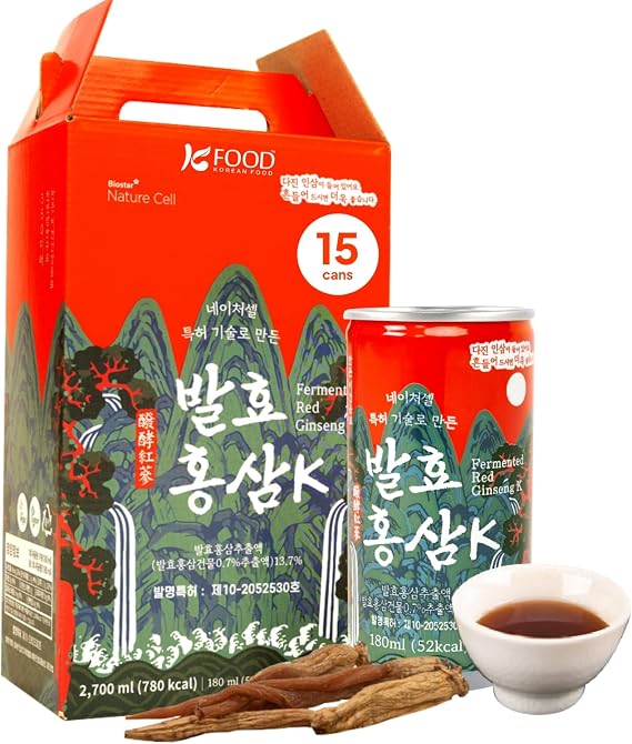 Korean Food Naturecell Red Ginseng Drink with Chaga, Vegan, 15 Cans (180ml) | Red ginseng drink with Siberian chaga and traditional 9-times steamed and dried ginseng