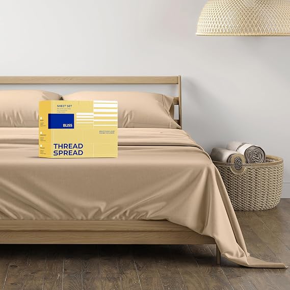 THREAD SPREAD Egyptian Cotton Queen Sheet Set - Luxury 600 Series Sheets Queen Size Bed Set (4 PC, Taupe), 16" Deep Pocket All Around Elastic, Soft, Sateen Weave, Durable Hotel Bed Sheet Sets