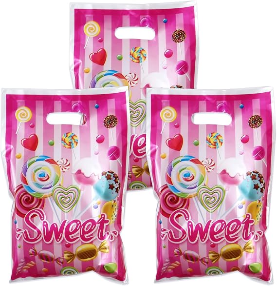Rainmae 50 Pcs Candyland Goodie Gift Bags, Lollipop & Candy Party Favors, Treat & Family Goody Bags for Sweet Candy Theme Kids Birthday, Wedding & Baby Shower Party Supplies Decoration