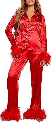 Satin Silk Pajamas Set for Women Feather Trim Long Sleeve Button Up Pjs Shirts and Pants Lounge Sleepwear Set
