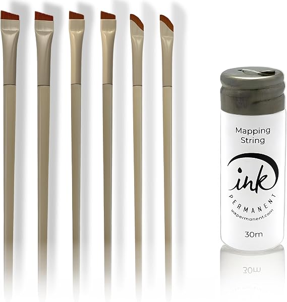 Complete Eyebrow Bundle Pre-Inked Mapping String + 6 Angled Brushes for Microblading, Powder & Pomade