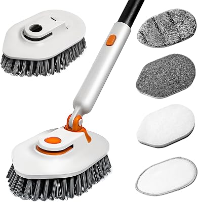 Bathroom Scrub Brush with Long Handle, 3-in-1 Tub and Tile Cleaner with 5 Replaceable Heads for Shower, Floor & Wall Cleaning