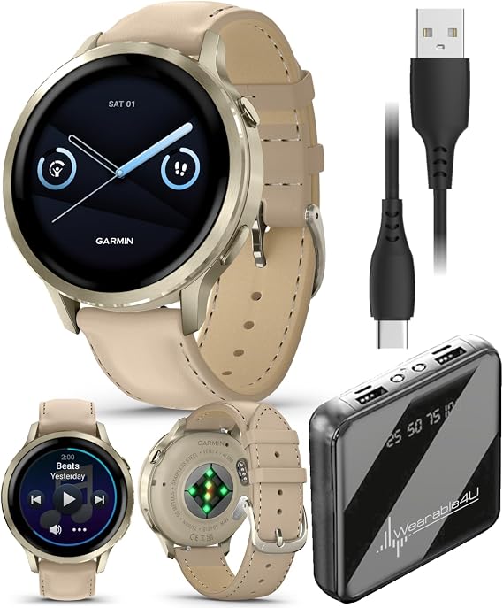 Garmin Venu 4 41mm AMOLED Advanced Health & Fitness GPS Smartwatch, Colorful Display, Built-in Flashlight, Lunar Gold w/Bone Silicone & Light Sand Leather Bands w/Wearable4U PowerBank Bundle