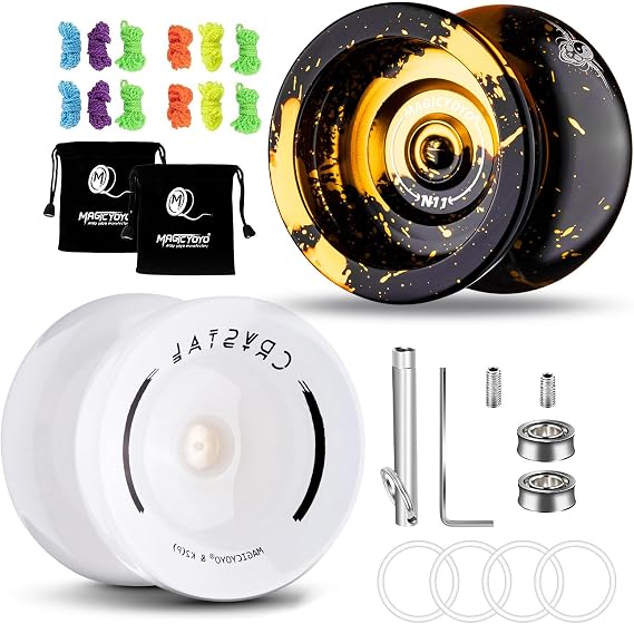 RESPONSIVE YOYO 2 PACK - N11 Black Golden Yoyo and K2 Snow White Finger Spin Yoyo Yoyo Beginners Dual Purpose Yoyo Bearing Kit + 2 Yoyo Bags + 12 Yoyo Strings
