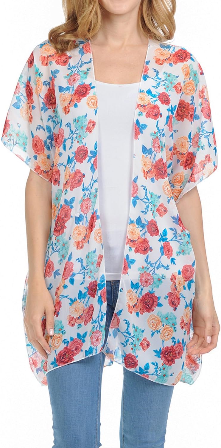 Womens Summer Floral Chiffon Vest Cardigan - Boho Kimono Cover Up for Beach Essentials and Stylish Sundresses One Size, Cardigan # Rose Ivory