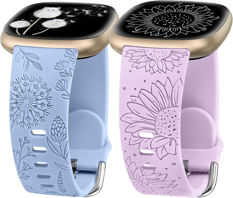 Minyee 2 Packs Floral Engraved Band Compatible with Fitbit Versa 4/Versa 3/Sense 2/Sense Band Women, Cute Silicone Dandelion Sunflower Design Soft Sport Fancy Summer Strap for Versa 4