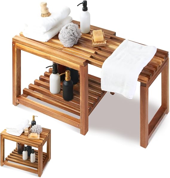 Adjustable Length 35 Inches Shower Stool Bench Chair Waterproof with Storage Shelf for Shaving Legs, Spa, Bath Seat in Bathroom, Inside Shower for Adults Seniors Elderly (Large 35 in)