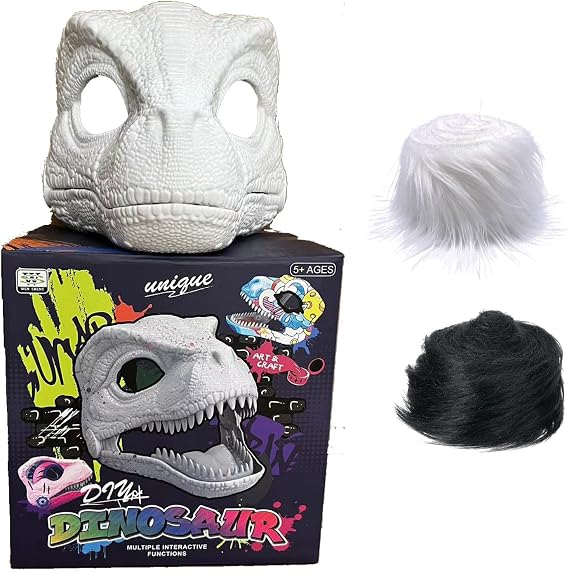 Full Head DIY White Dinosaur Mask with Fur,Hard Plastic Realistic Dino Head Mask with Moving Jaw,Halloween Roaring Raptor Costume for Role-Play Party,Christmas,Dinosaur Costume Headgear Gift